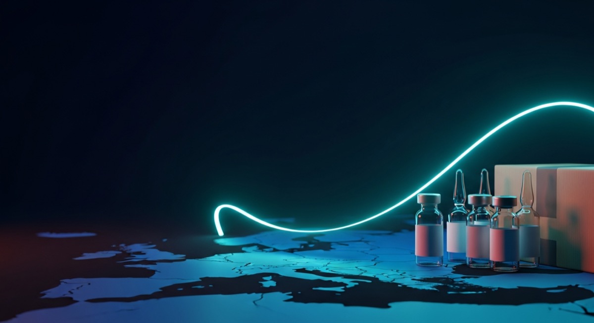 Research peptide vials and shipping parcel with a glowing map of Europe - CertaPeptides