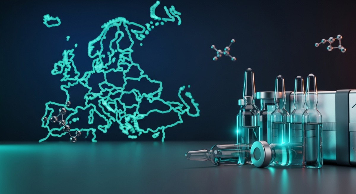 Research peptide vials and shipping parcel with a glowing map of Europe - CertaPeptides