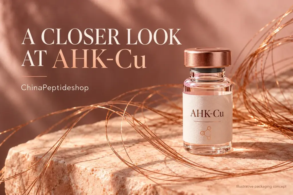 Conceptual AHK-Cu vial with curved copper-colored decorative fibers on a peach stone surface