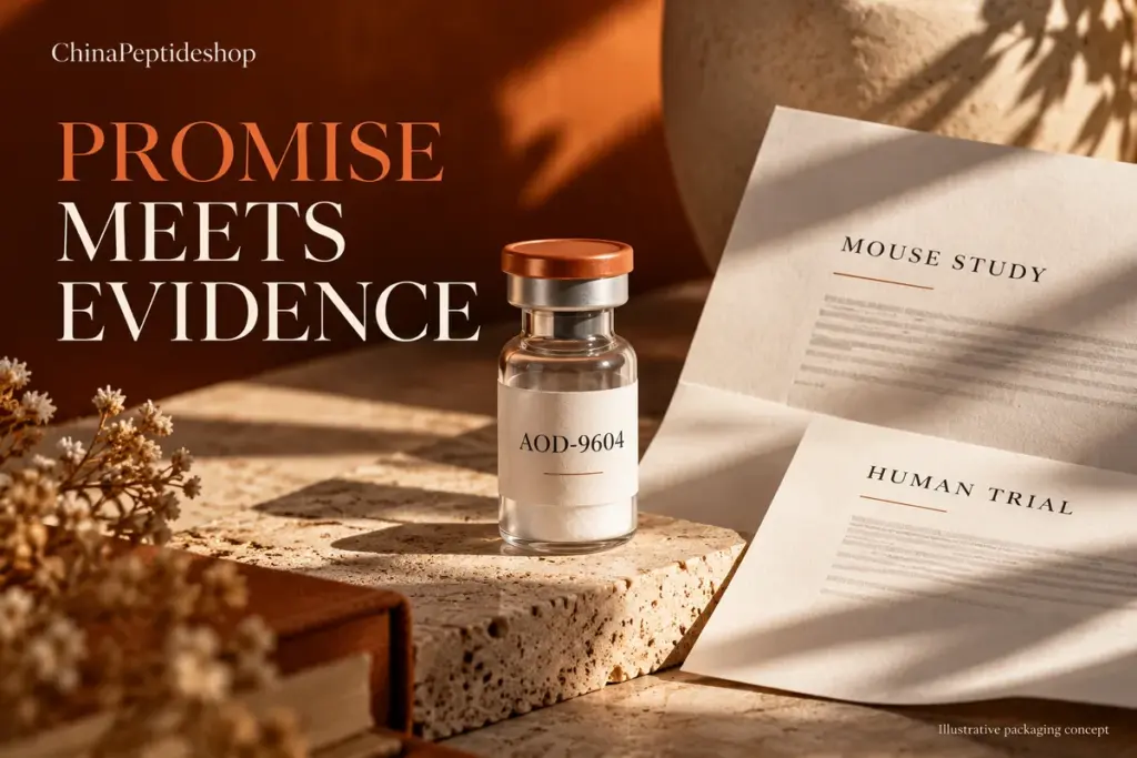 Conceptual AOD-9604 research vial beside papers distinguishing mouse studies and human trials on an orange tabletop