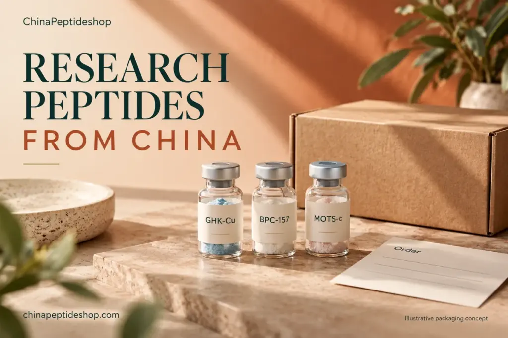 Illustrative research vials and shipping box for ChinaPeptideshop mainland China sourcing guide