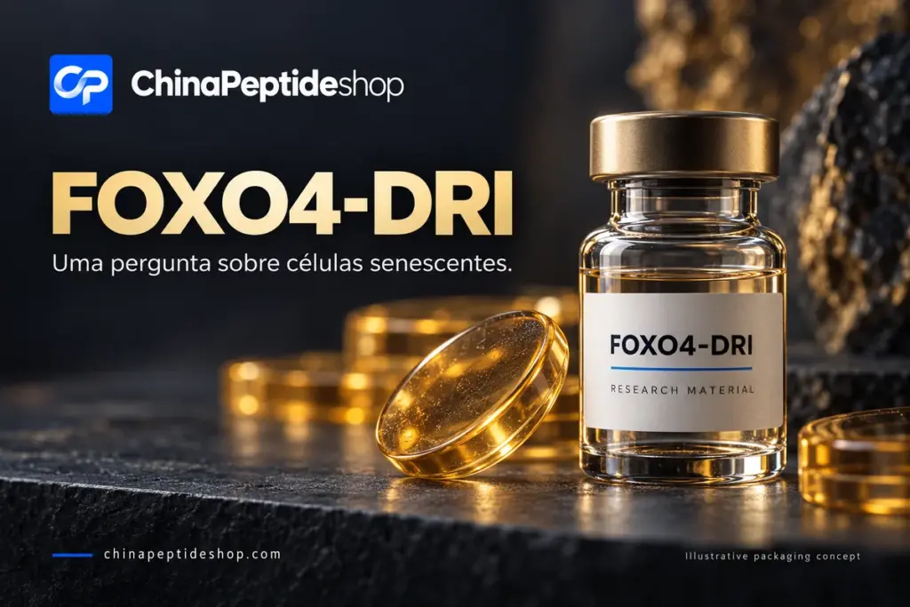 Frasco conceitual FOXO4-DRI com discos translúcidos sobre fundo escuro e dourado