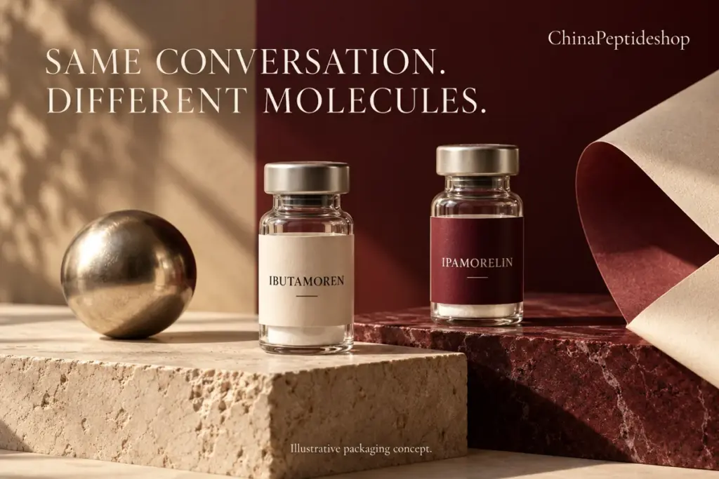 Conceptual ibutamoren and ipamorelin research vials on a burgundy and beige tabletop