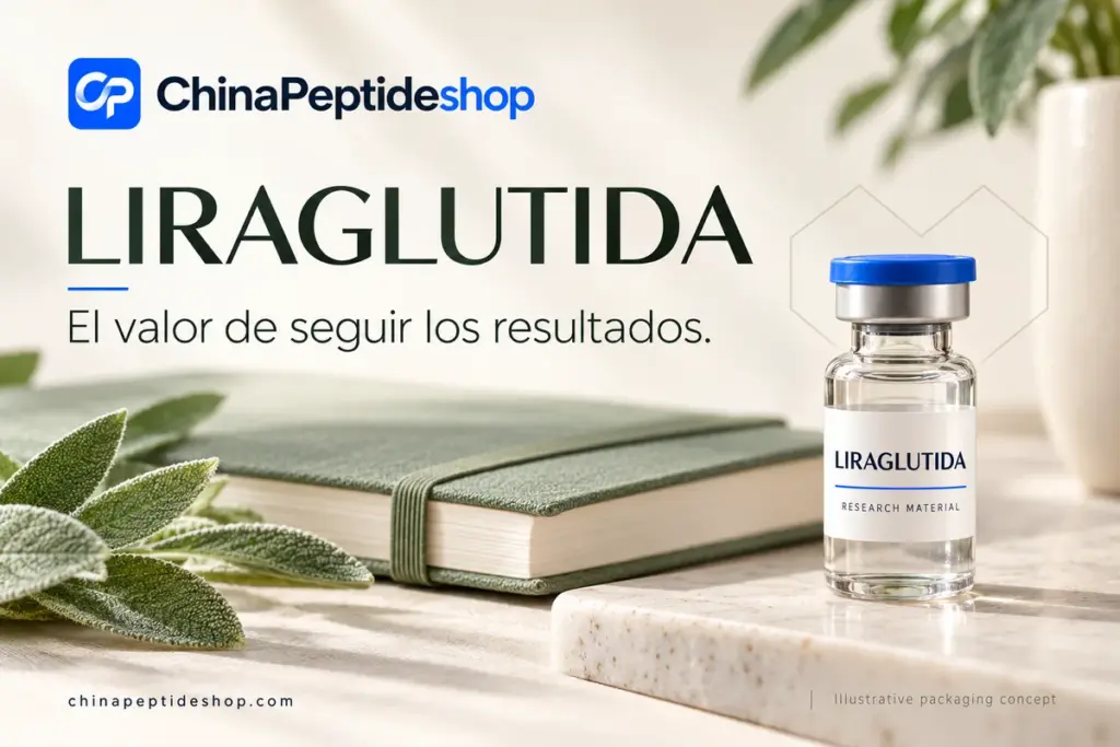 Frasco conceptual de investigación de liraglutida con un cuaderno sobre fondo verde salvia