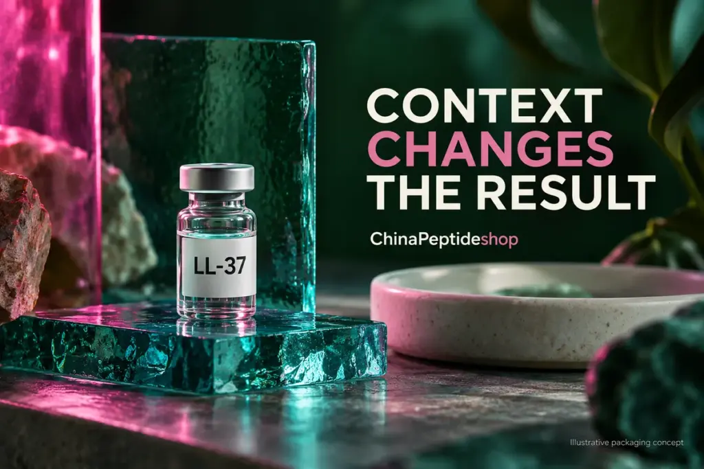 Conceptual LL-37 research vial with translucent panels and a ceramic dish in forest green and magenta lighting