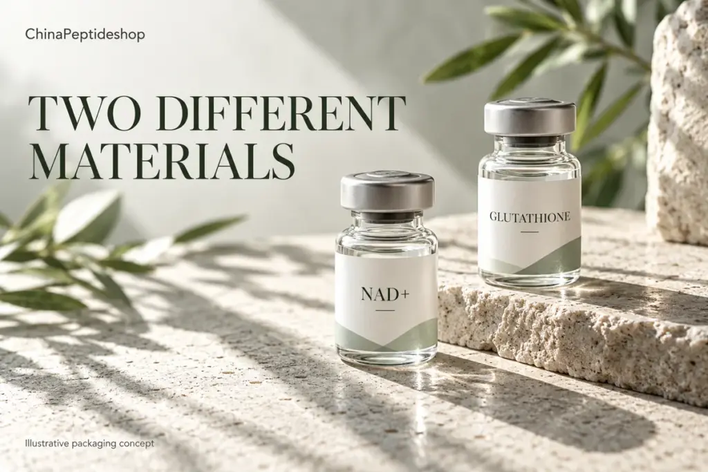 Conceptual NAD+ and glutathione research vials in a sage and silver editorial still life