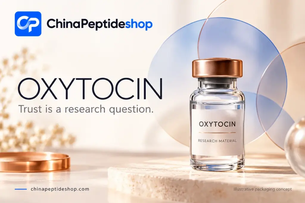 Conceptual oxytocin research vial on an ivory editorial tabletop