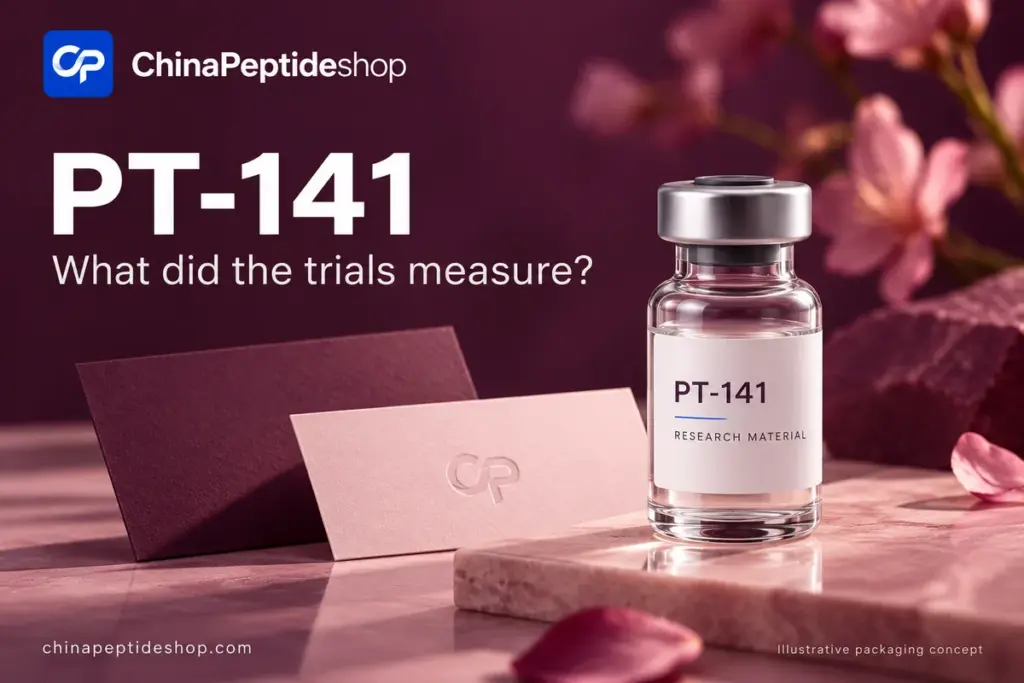 Conceptual PT-141 research vial with two cards on a plum background