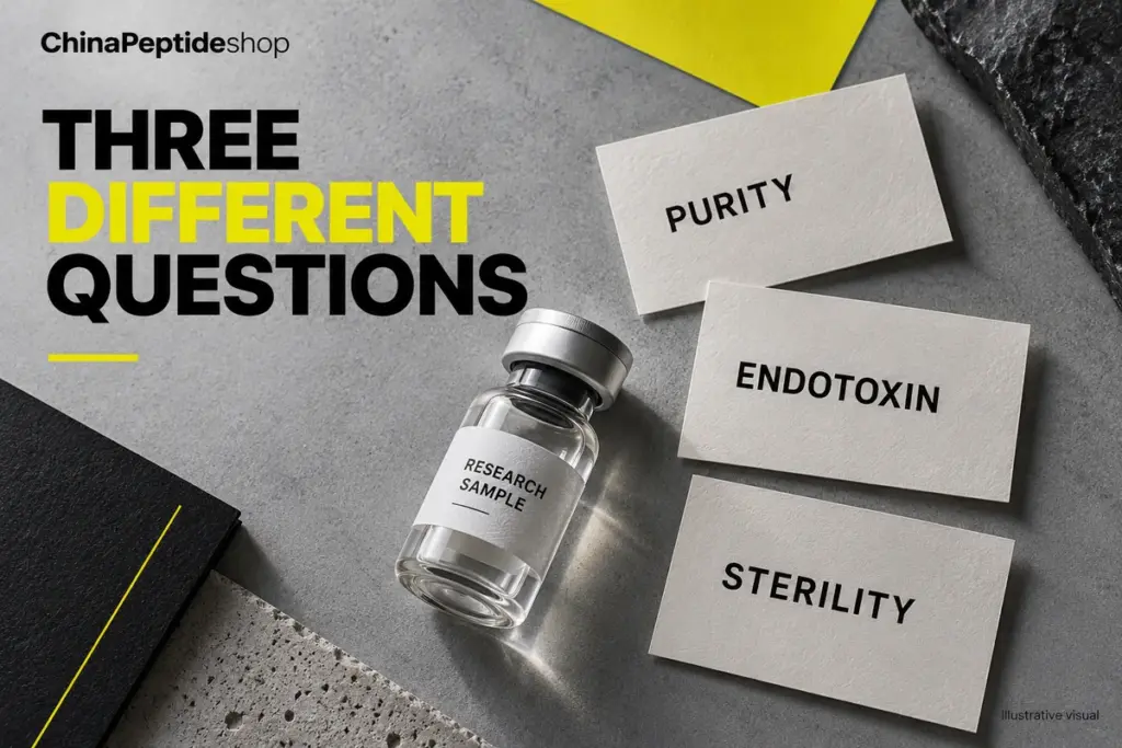 Illustrative research sample vial beside index cards labeled purity, endotoxin and sterility in grey and yellow