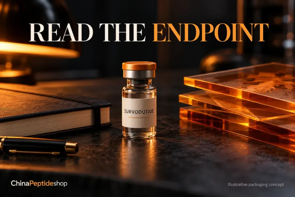Illustrative survodutide research vial, notebook and amber sheets representing study endpoints