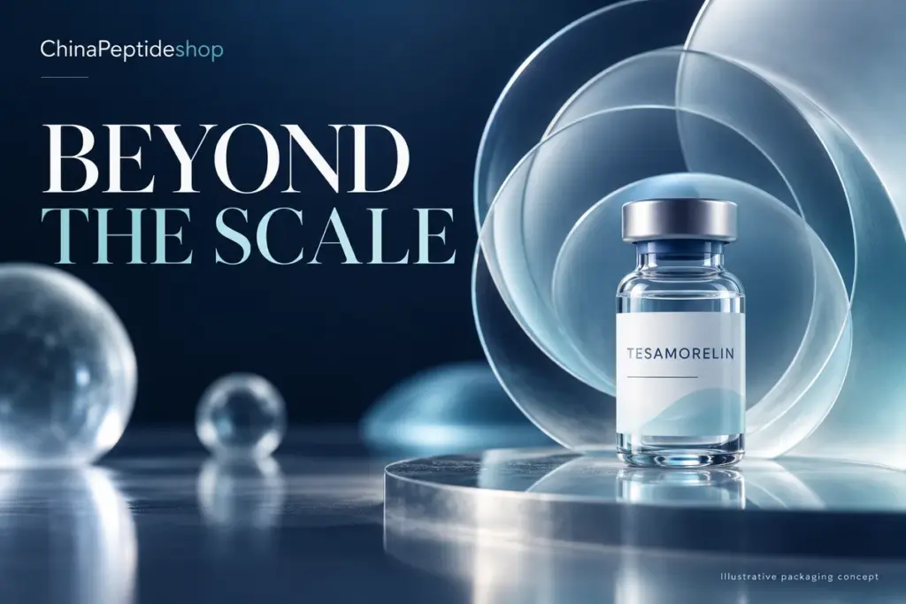 Conceptual tesamorelin vial and translucent concentric shapes in navy and aqua representing different measurement questions