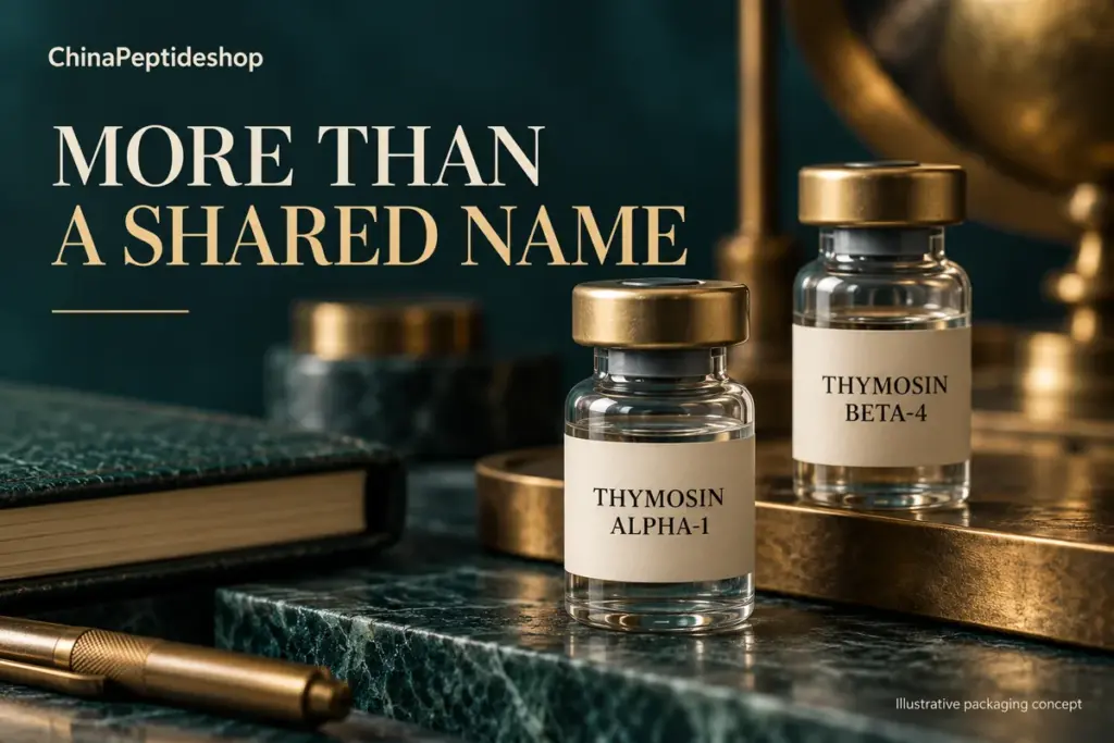 Illustrative vials labeled thymosin alpha-1 and thymosin beta-4 with teal and brass styling
