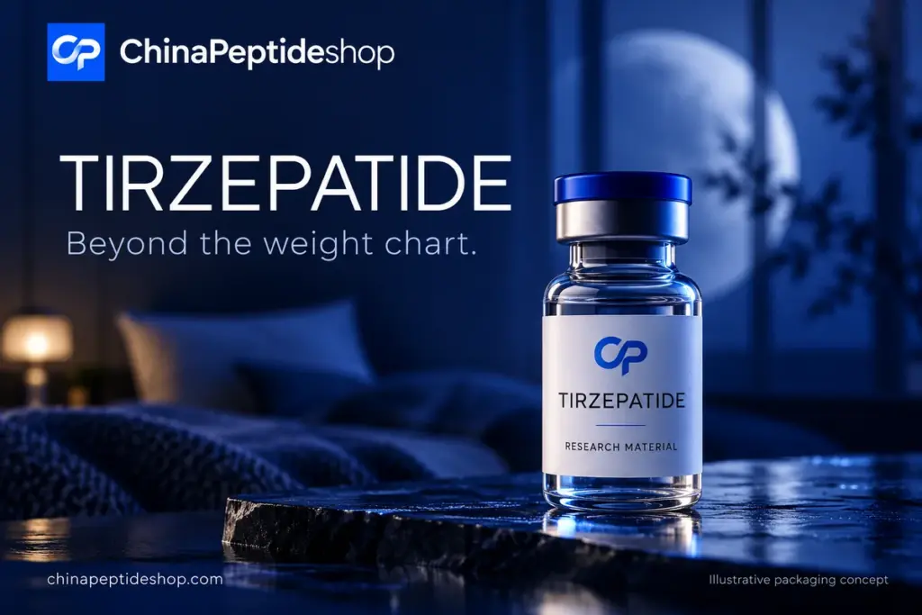 Conceptual tirzepatide research vial in navy light with a moon-shaped shadow